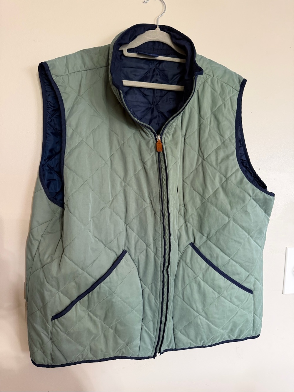 crown & ivy Sage Green Quilted Vest with Navy Trim